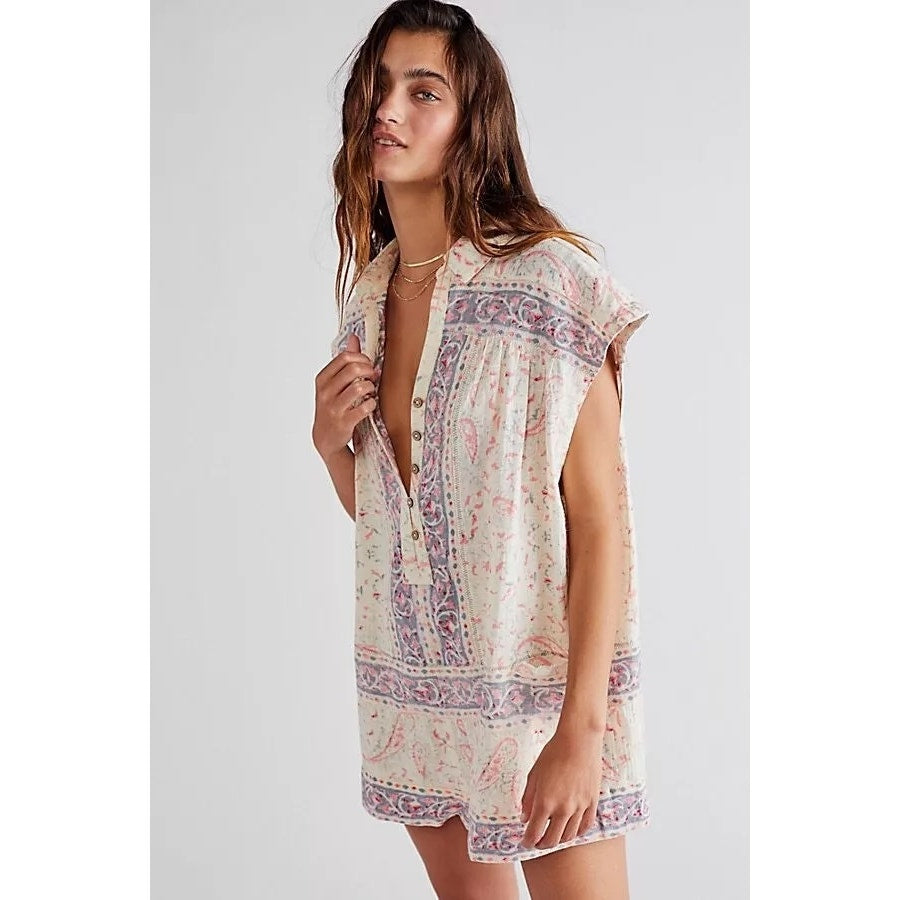 Free People Telly Short Sleeve Shorts Romper Boho Floral Cream Purple Small