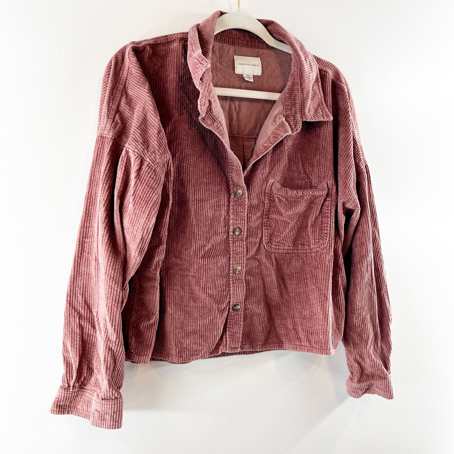 American Eagle Cropped Corduroy Button Up Shirt Brown Medium