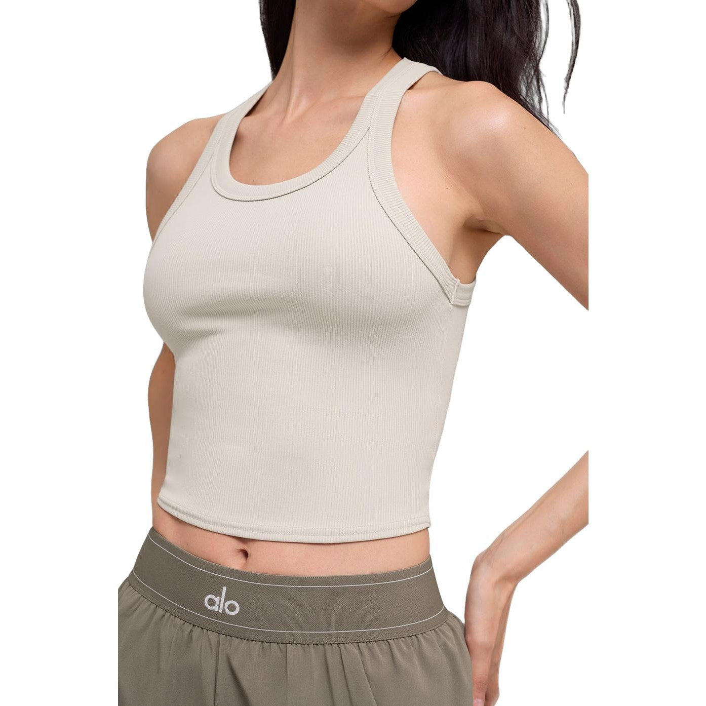 Alo Goddess Ribbed Go-To Tank Top Bone Tan Beige Small