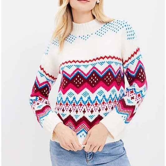 LOFT Mock Neck Wool Blend Fair Isle Sweater White Blue Red Pink Medium