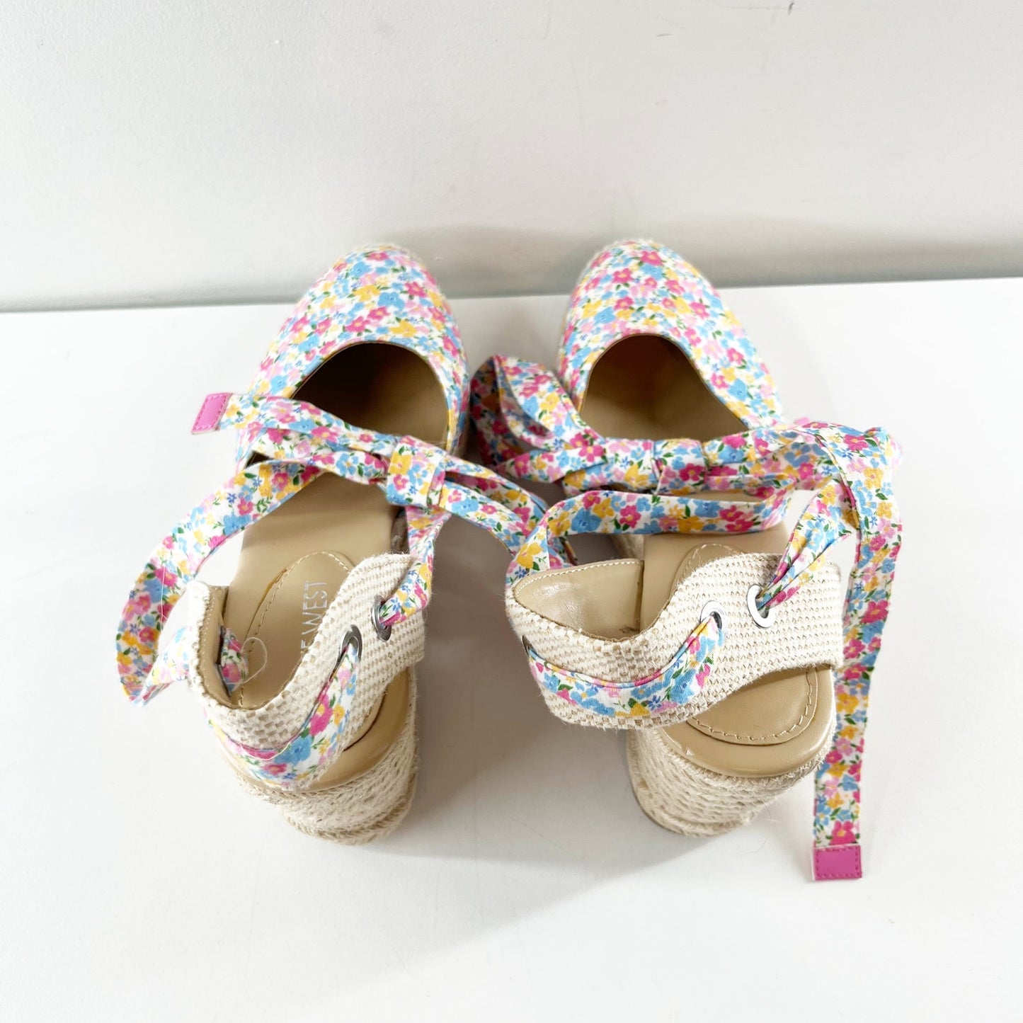 Nine West Friend Ditzy Floral Ankle Wrap Espadrille Wedge Sandals Pink Blue 7