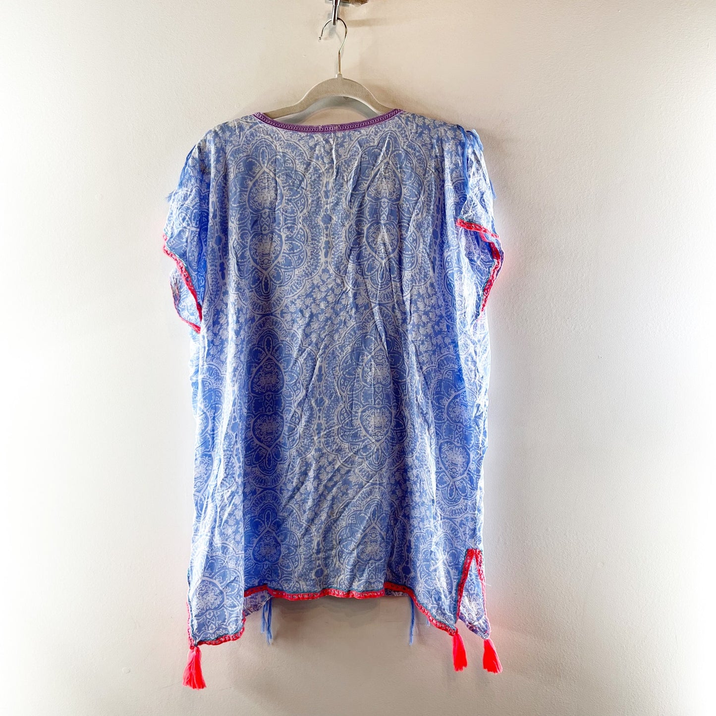 Surf Gypsy Floral Embroidered Short Sleeve Bohemian Tunic Cover-Up Dress Blue S
