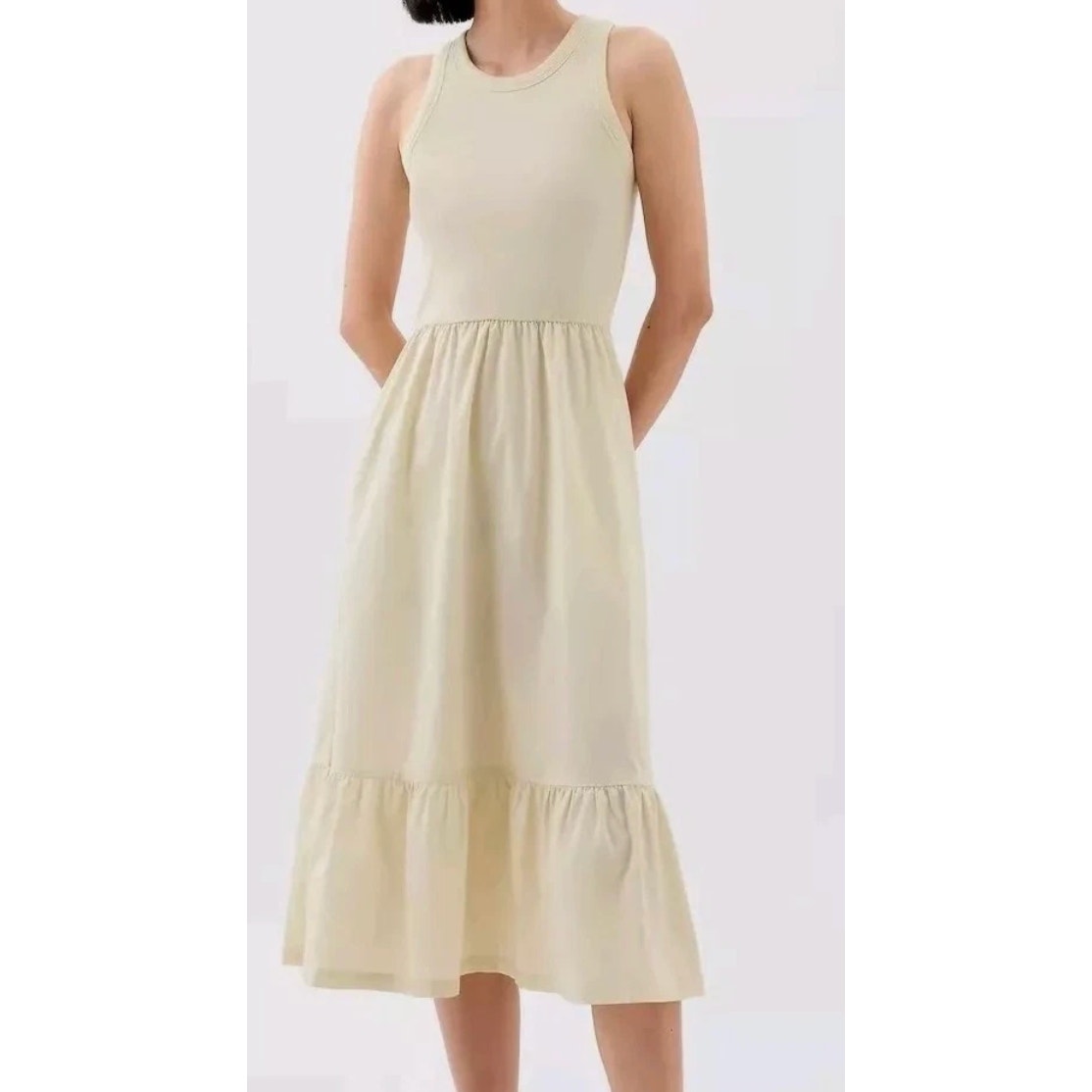 GAP Sleeveless Ribbed Poplin Fit and Flare Tank Midi Dress Cream Tan Small