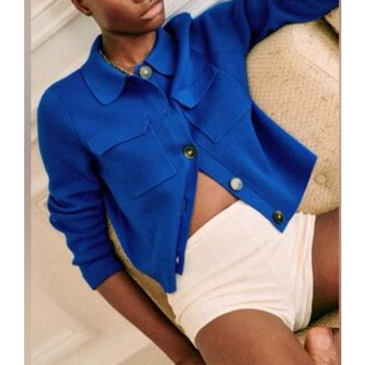 Sezane Betty Wool Long Sleeve Cardigan Sweater Royal Blue Small