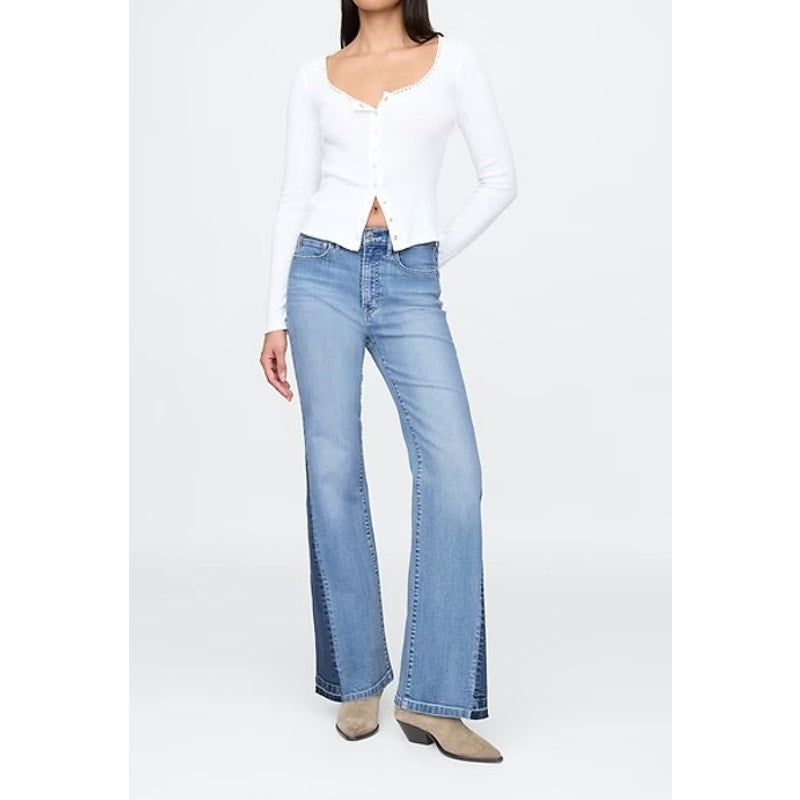 Gap High Rise Patched '70s Flare Bell Bottom Jeans Light Indigo Blue 8 Tall