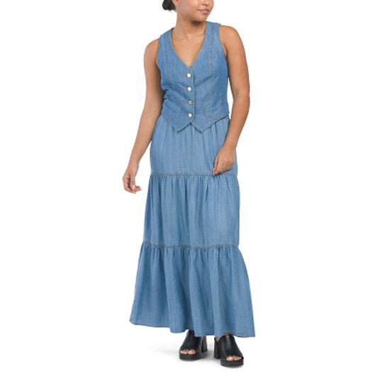 Sigrid Olsen Denim Button Front Vest & Tiered Maxi Skirt Set Blue Medium