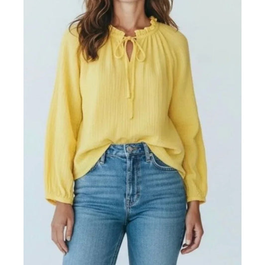 J. Crew Gauze Long Sleeve Tie Neck Top Blouse Sun Yellow Medium