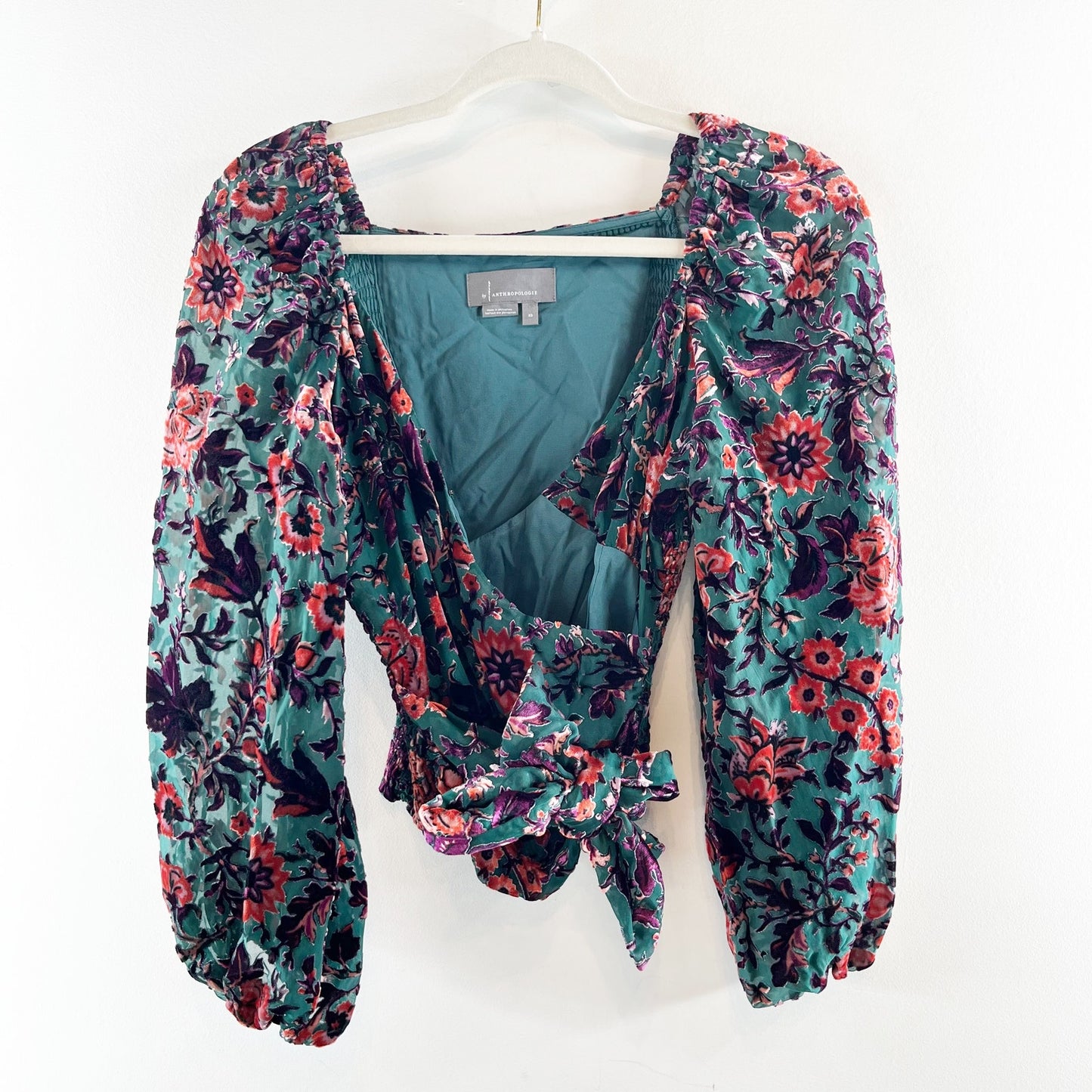 Anthropologie Long Sleeve Velvet Floral Wrap Top Blouse Green Pink XS