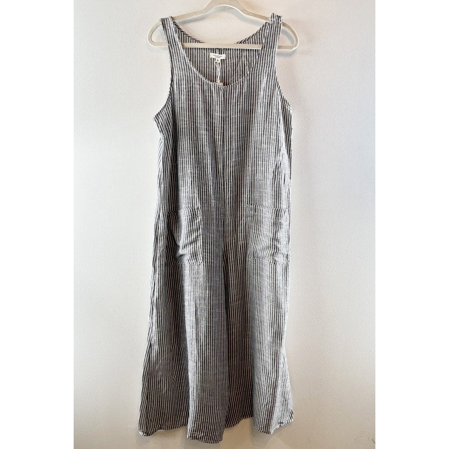 Max Studio Linen Blend Wide Leg Striped Scoopneck Jumpsuit Blue White XL