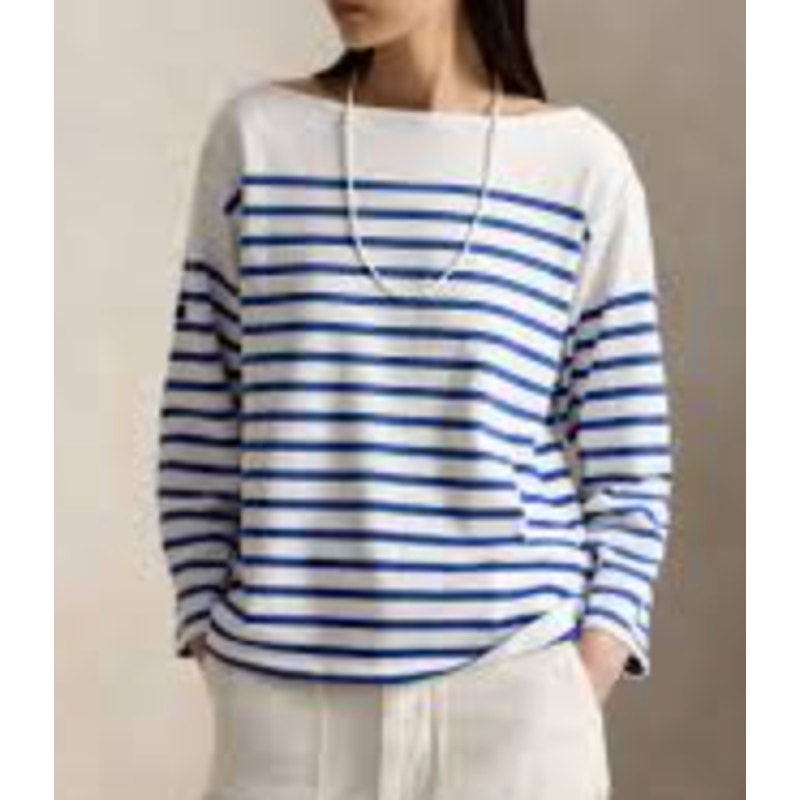 Polo by Ralph Lauren Striped Long Sleeve Cotton Boatneck Jersey Tee Shirt Blue