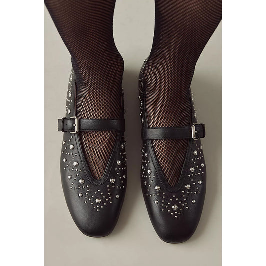 Bibi Lou Anthropologie Leather Studded Mary Jane Ballet Flats Black 10 / 40
