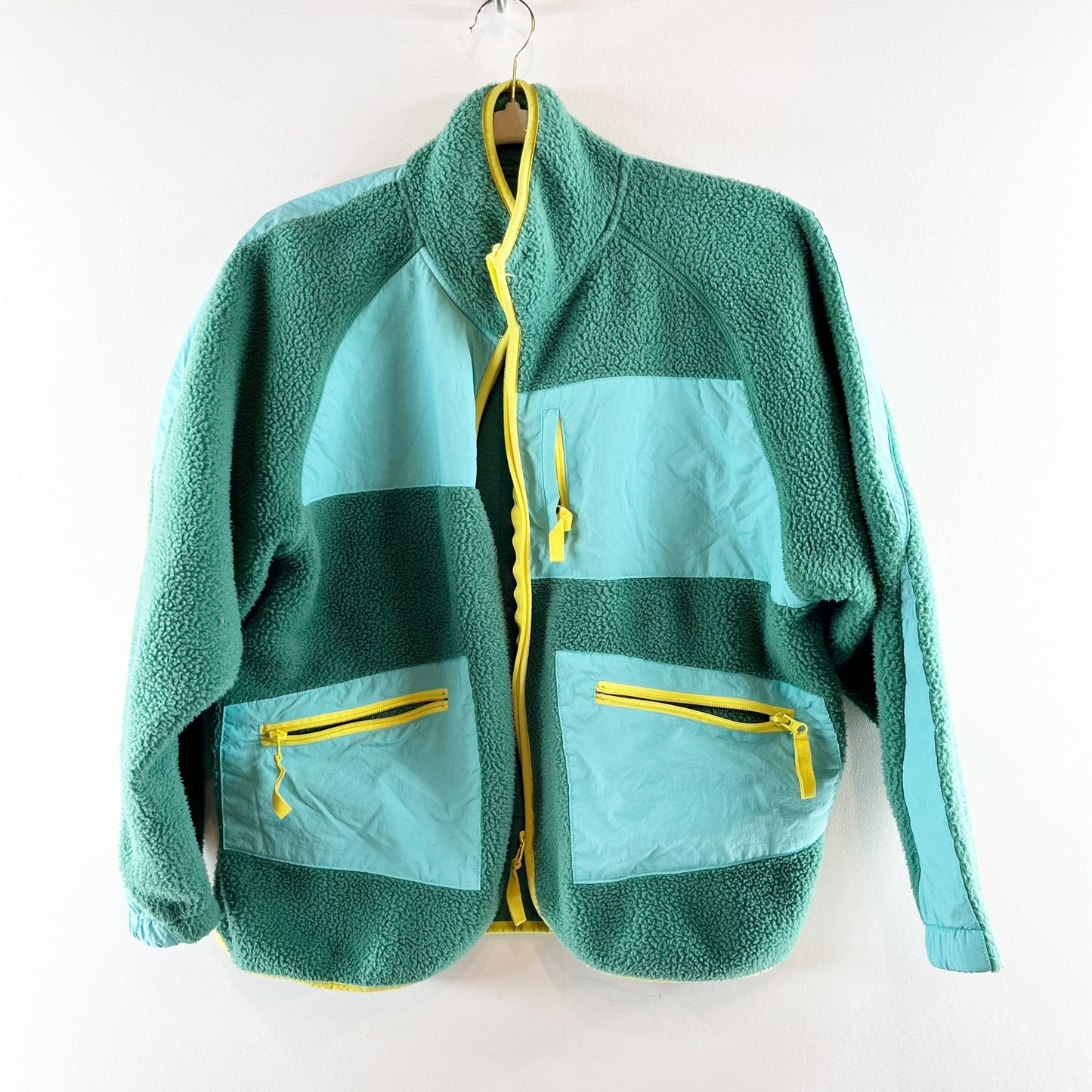 BDG Urban Outfitters Bruce Fleece Spliced Zip-Up Jacket Green Blue Medium