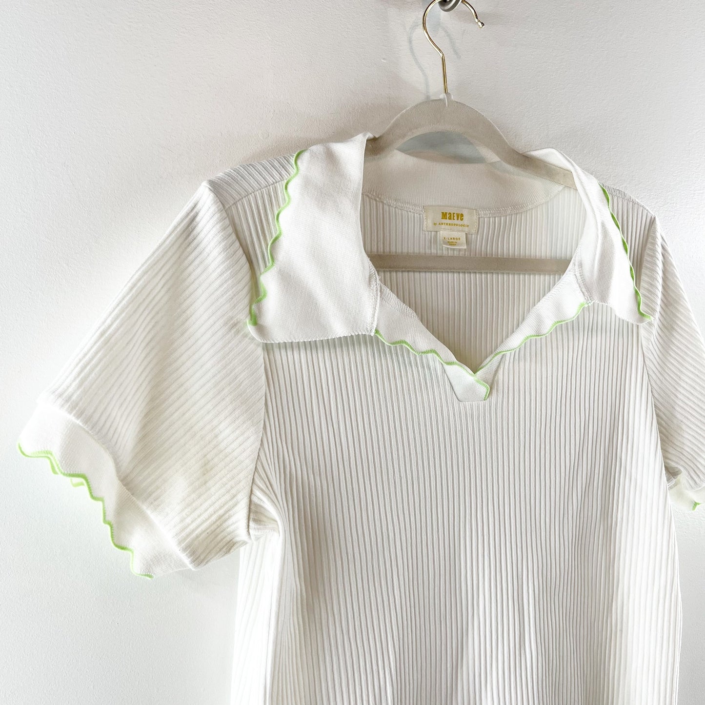 Maeve by Anthropologie Scalloped Short Sleeve Collared Polo Tee White Green XL