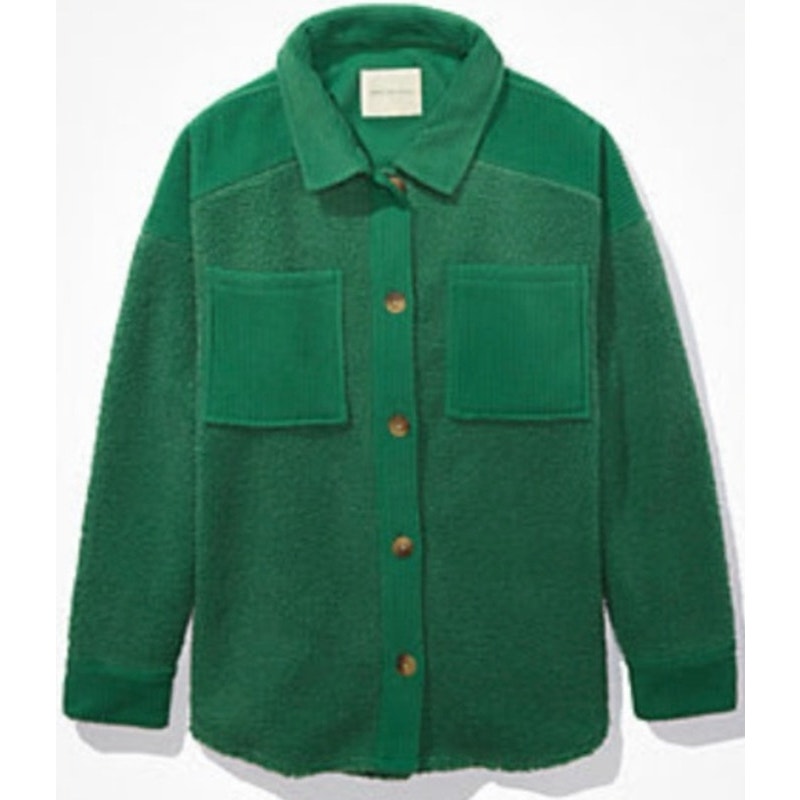 American Eagle Long Sleeve Sherpa Fleece Shirt Jacket Shacket Green Large