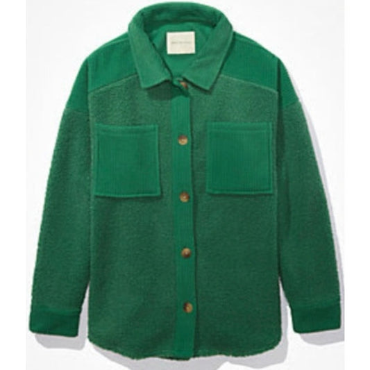 American Eagle Long Sleeve Sherpa Fleece Shirt Jacket Shacket Green Large