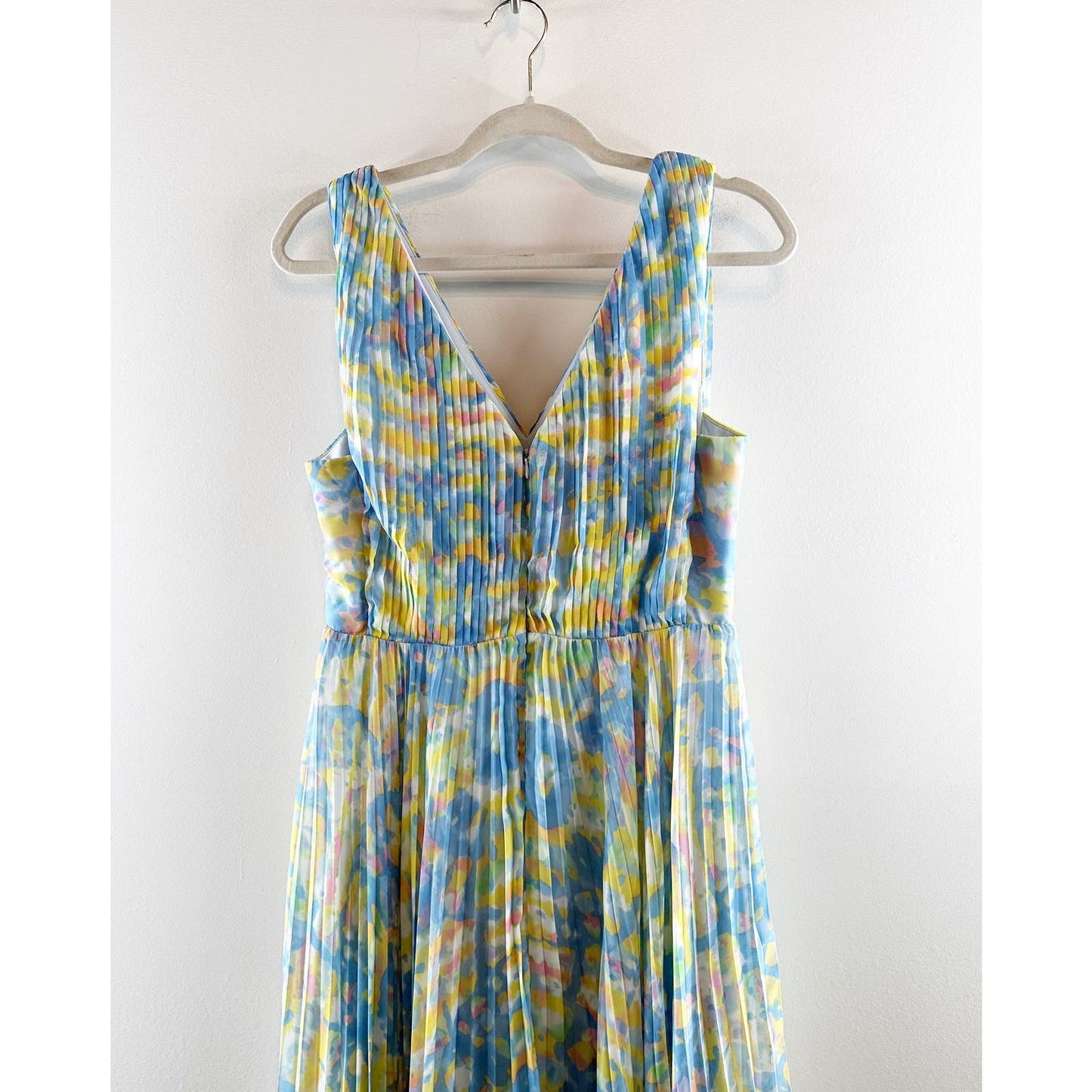 Laundry By Shelli Segal Pleated Knee High Slit Tie Dye Maxi Dress Blue Yellow 6