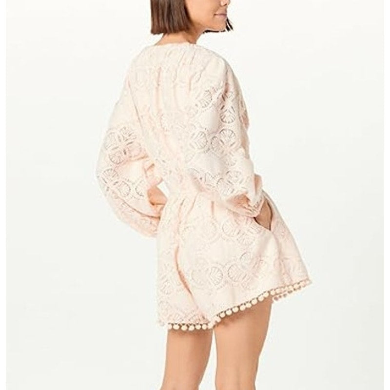 The Drop Long Balloon Sleeve Lace Shorts Romper Pale Dogwood Pink XXL