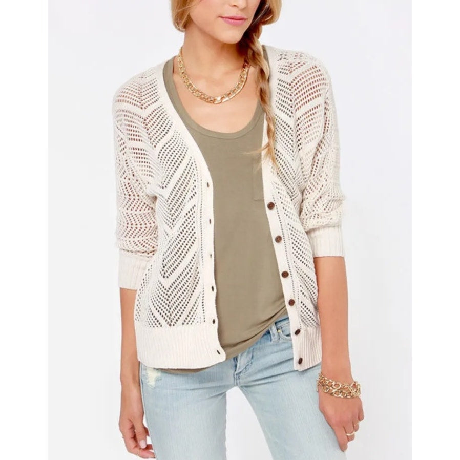 Roxy Turnstone Cotton Crochet Cardigan Sweater Cream Ivory Small