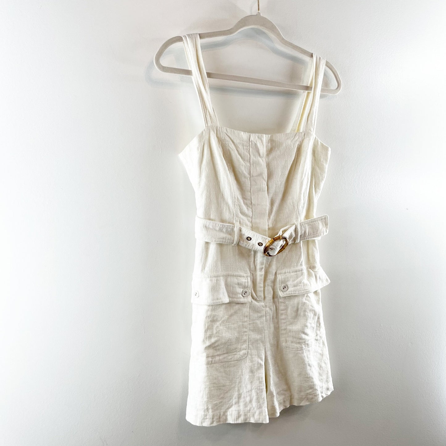 House of Harlow Linen Square Neck Belted Romper White 4