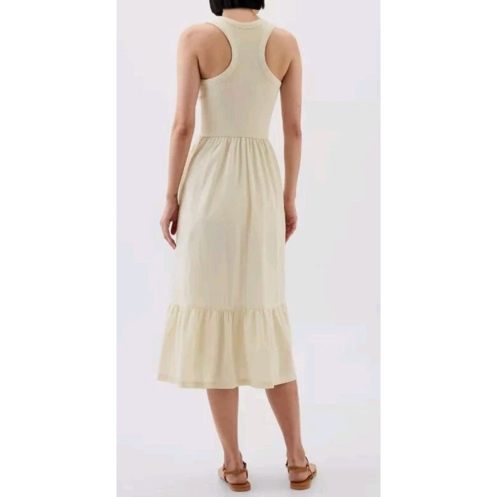 GAP Sleeveless Ribbed Poplin Fit and Flare Tank Midi Dress Cream Tan Small