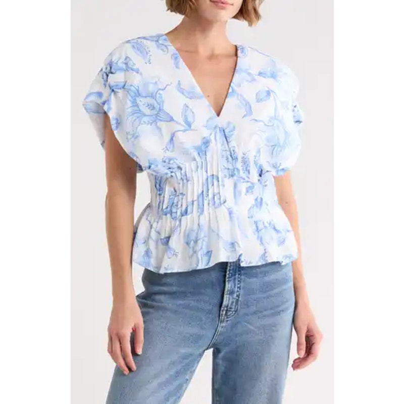Parker Floral Print Short Sleeve V-Neck Ruched Blouse Top Lucent White Blue 0