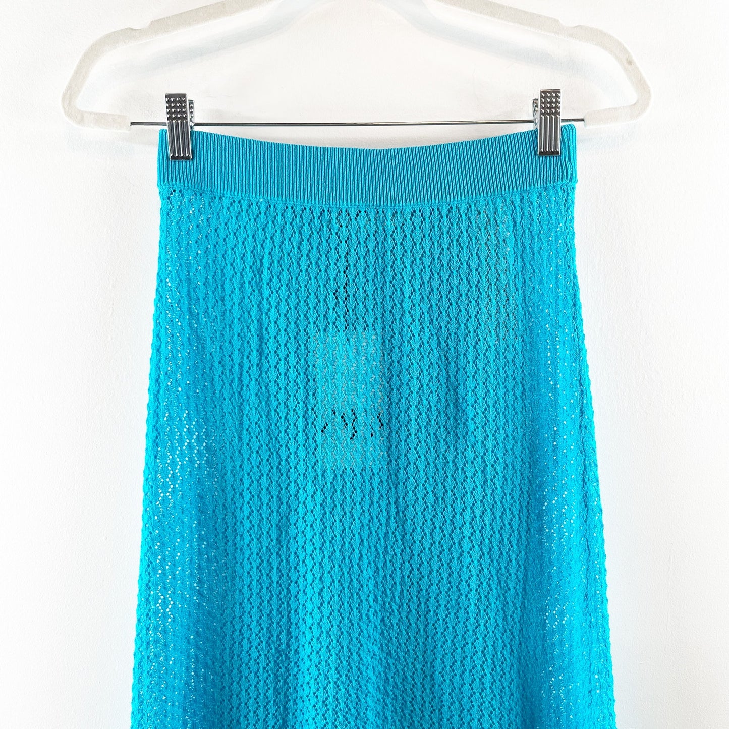 Zara Pointelle Pull On High-Waisted Knit Coverup Maxi Skirt Aqua Blue Small