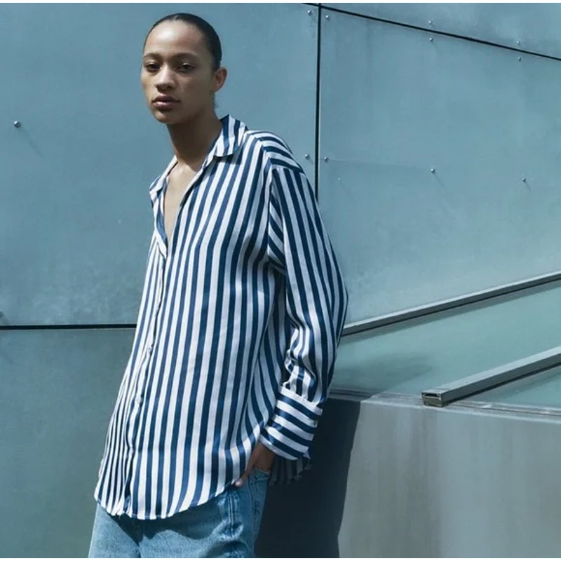 Zara Striped Print Long Sleeve Collared Button-Up Shirt Navy Blue White Medium