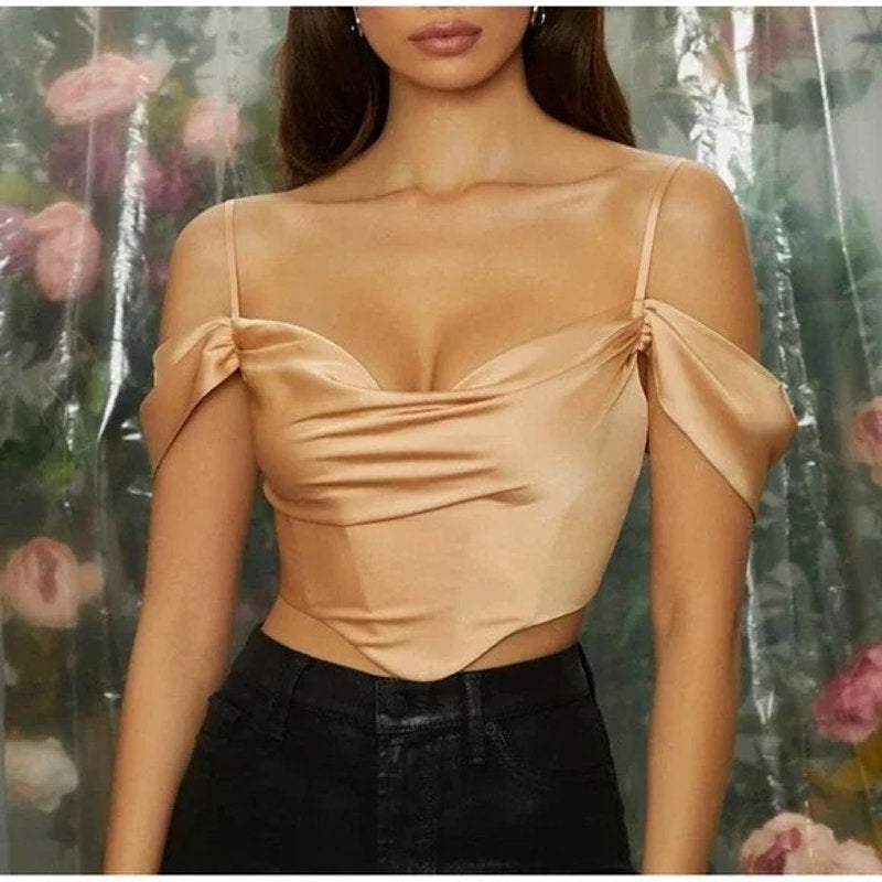 Oh Polly Corset Off The Shoulder Cropped Tank Top Gold 0