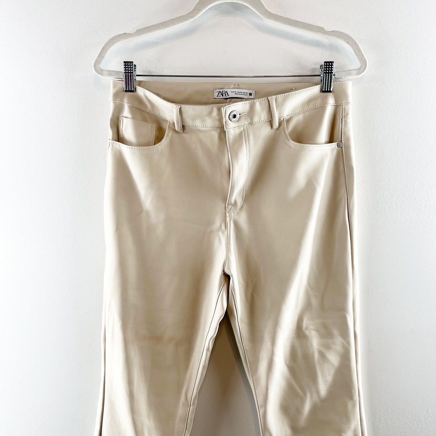 ZARA High Rise Faux Leather Cropped Boot Flare Pants Cream 6