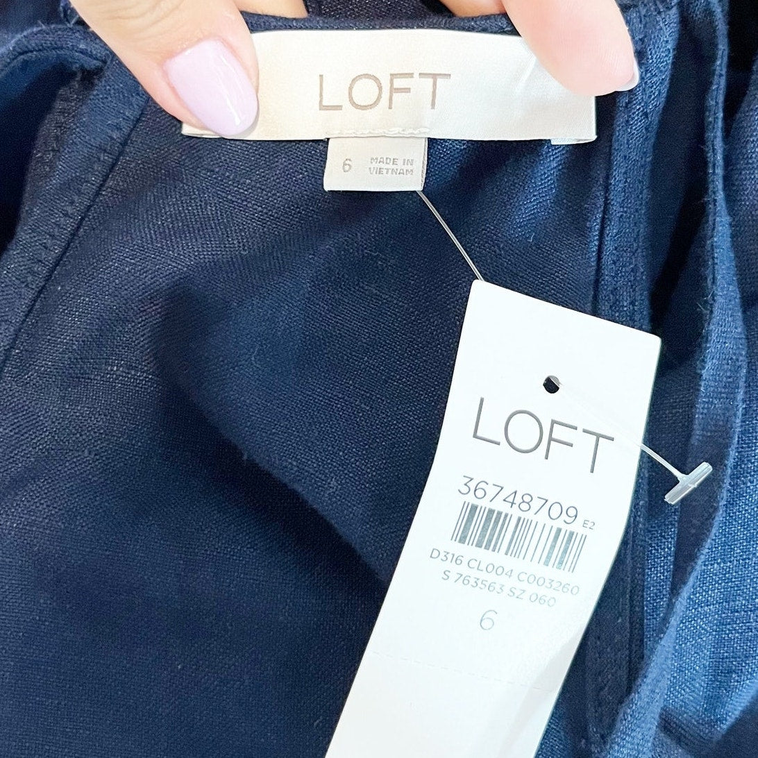 LOFT Square High Neck Tie Waist Linen Blend Wide Leg Jumpsuit Navy Blue 6