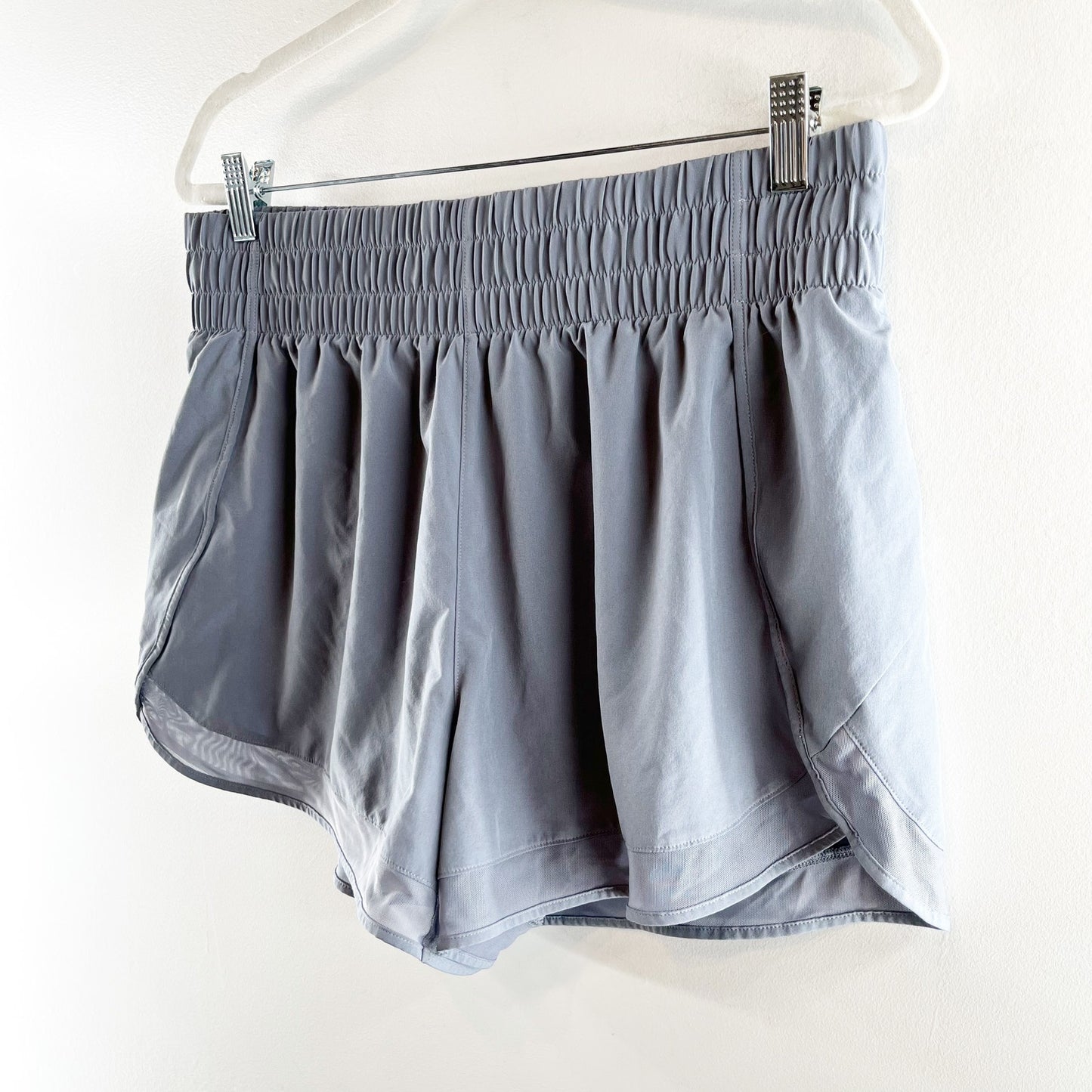 Athleta High Rise Mesh Racer Run Lined Running Shorts Gray Blue Large