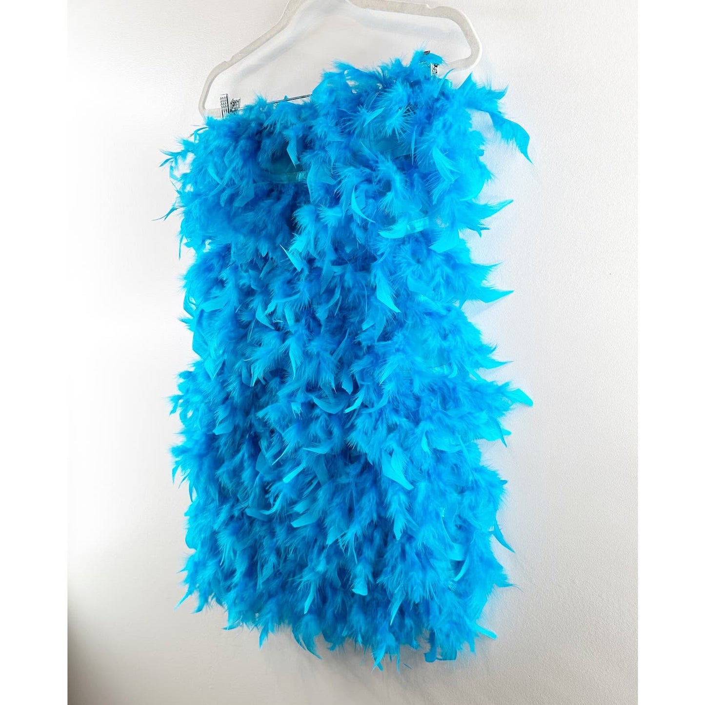 Boohoo Feather Bandeau Strapless Mini Dress Bright Blue 4