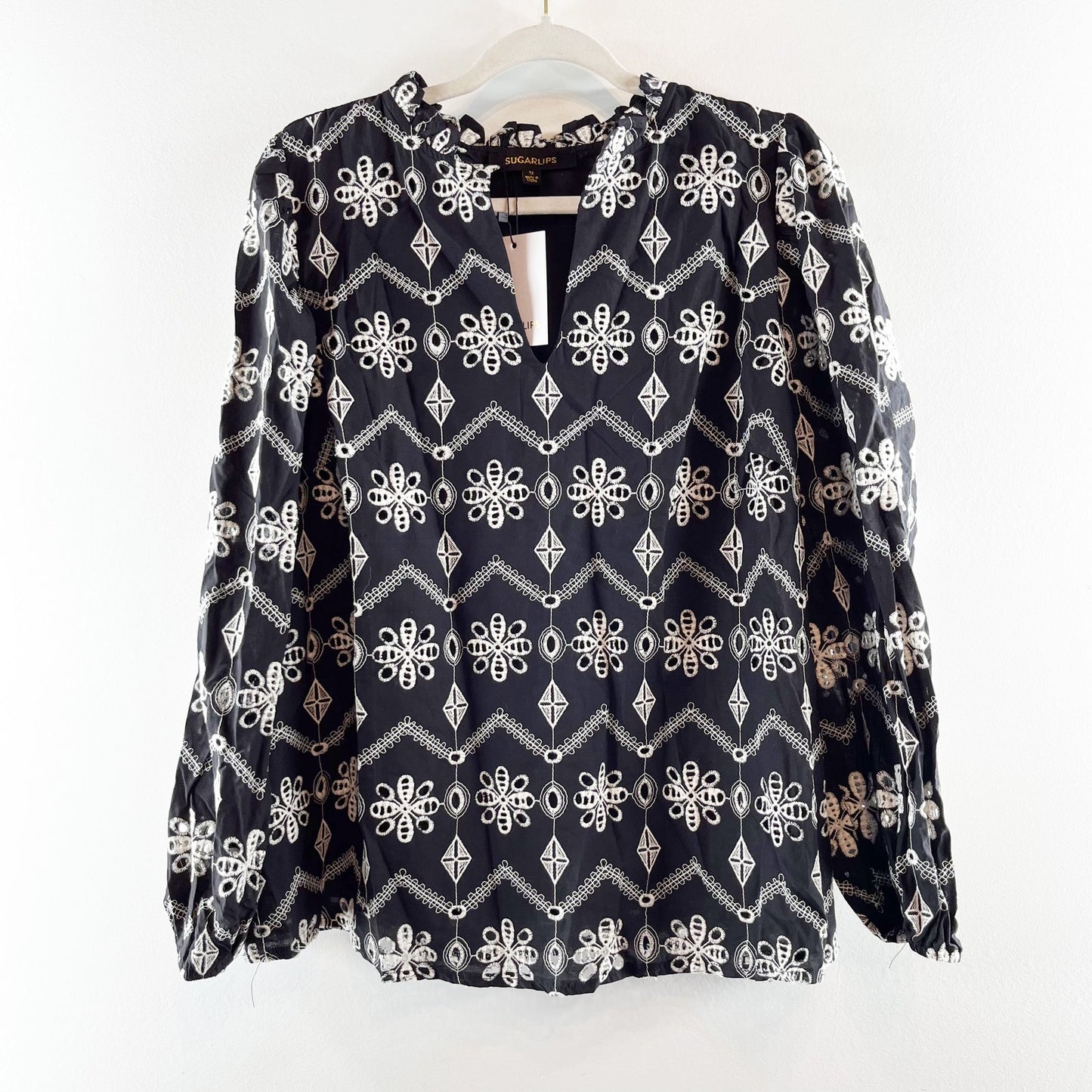 Sugarlips Embroidered Boho Long Sleeve Blouse Top Shirt Black White 1X