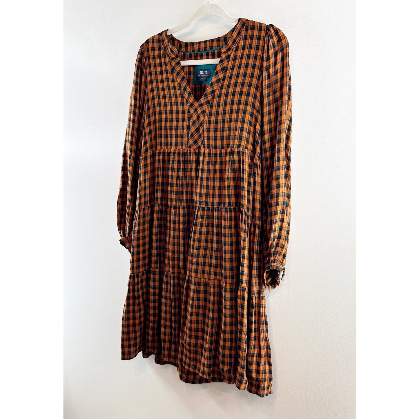 Maeve Anthropologie Long Sleeve Gingham Plaid Tunic Mini Dress Gold Black Small