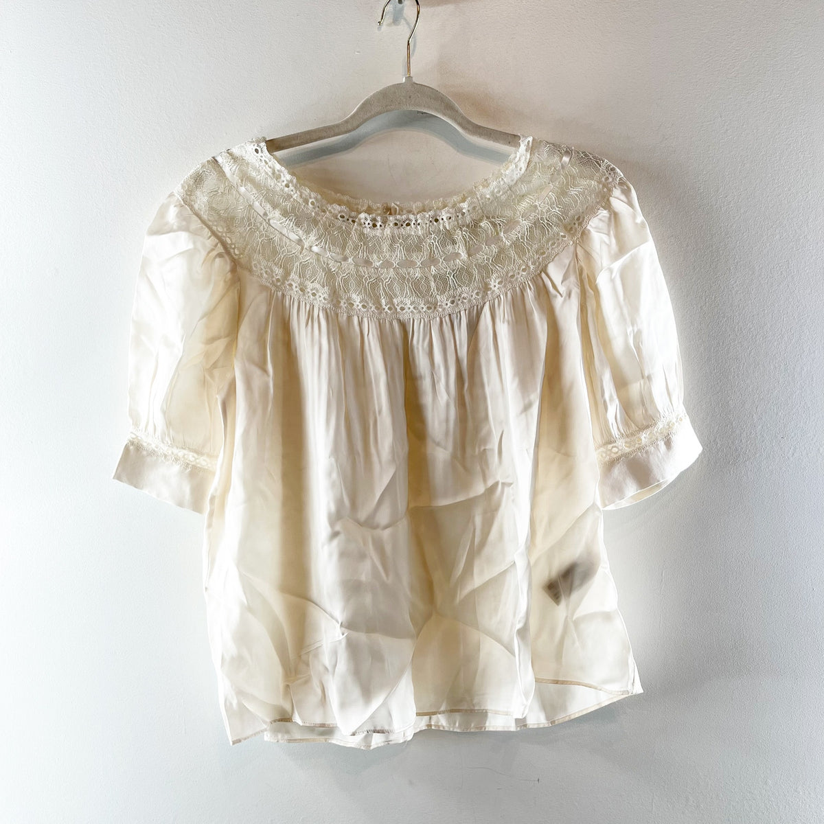 Zara Collection Puff Sleeve Round Neck Romantic Lace Blouse Top Cream Ivory XS