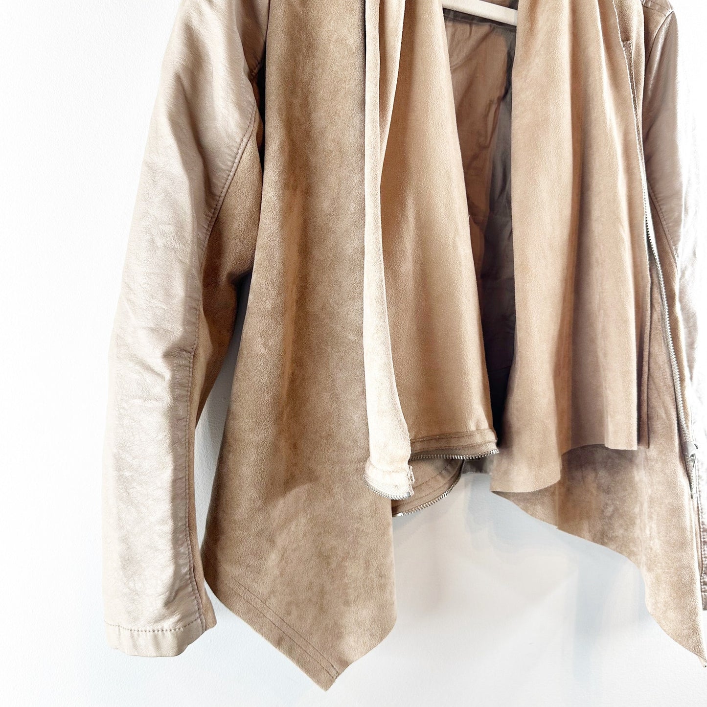 Blank NYC Vegan Suede Leather Waterfall Open Moto Jacket Tan Women's Size XS