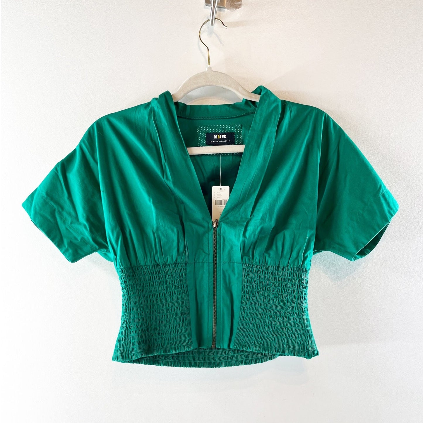 Maeve Short-Sleeve Zip-Front Blouse Green XS