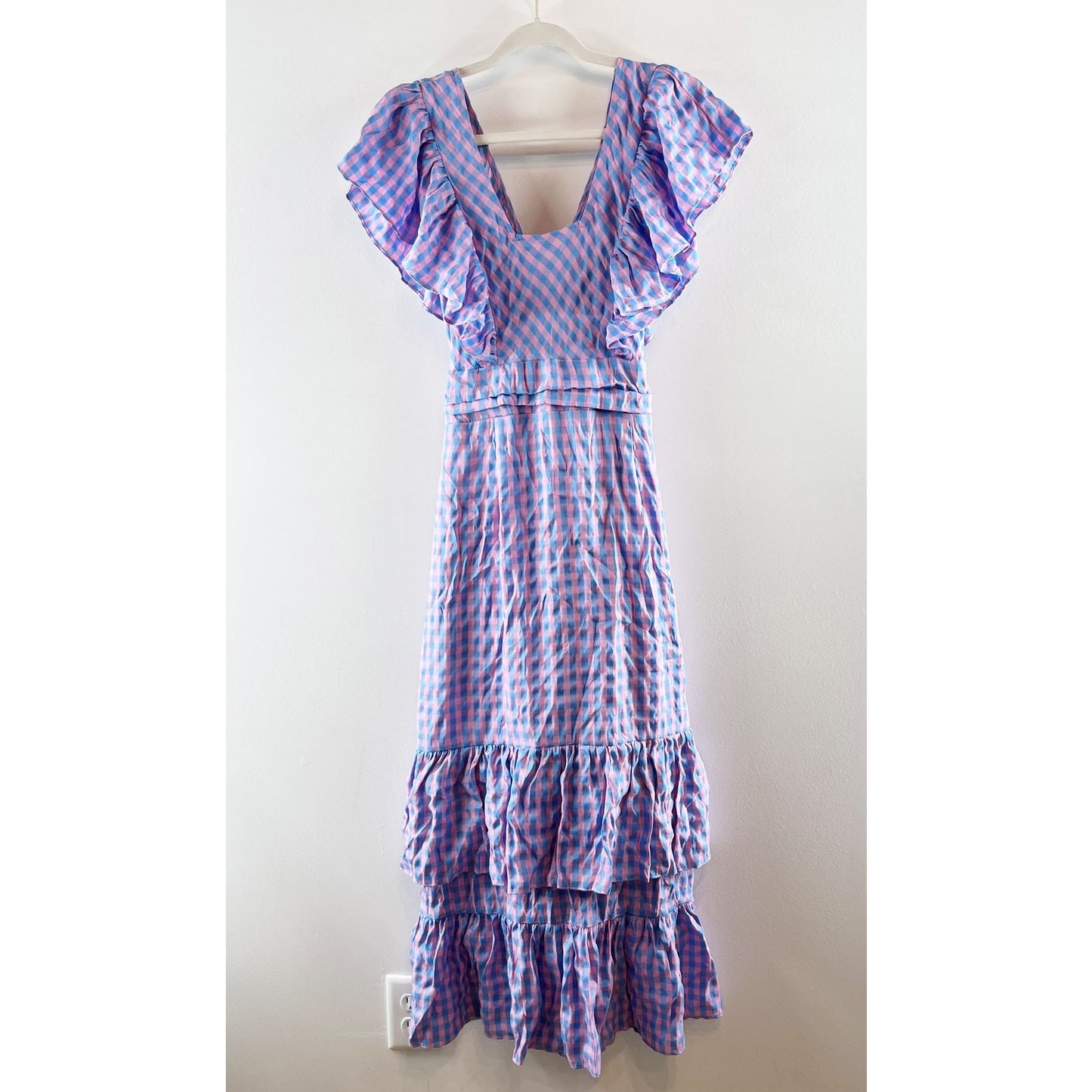 Entro Gingham Print Flutter Sleeve Square Neck Maxi Dress Purple Pink Medium