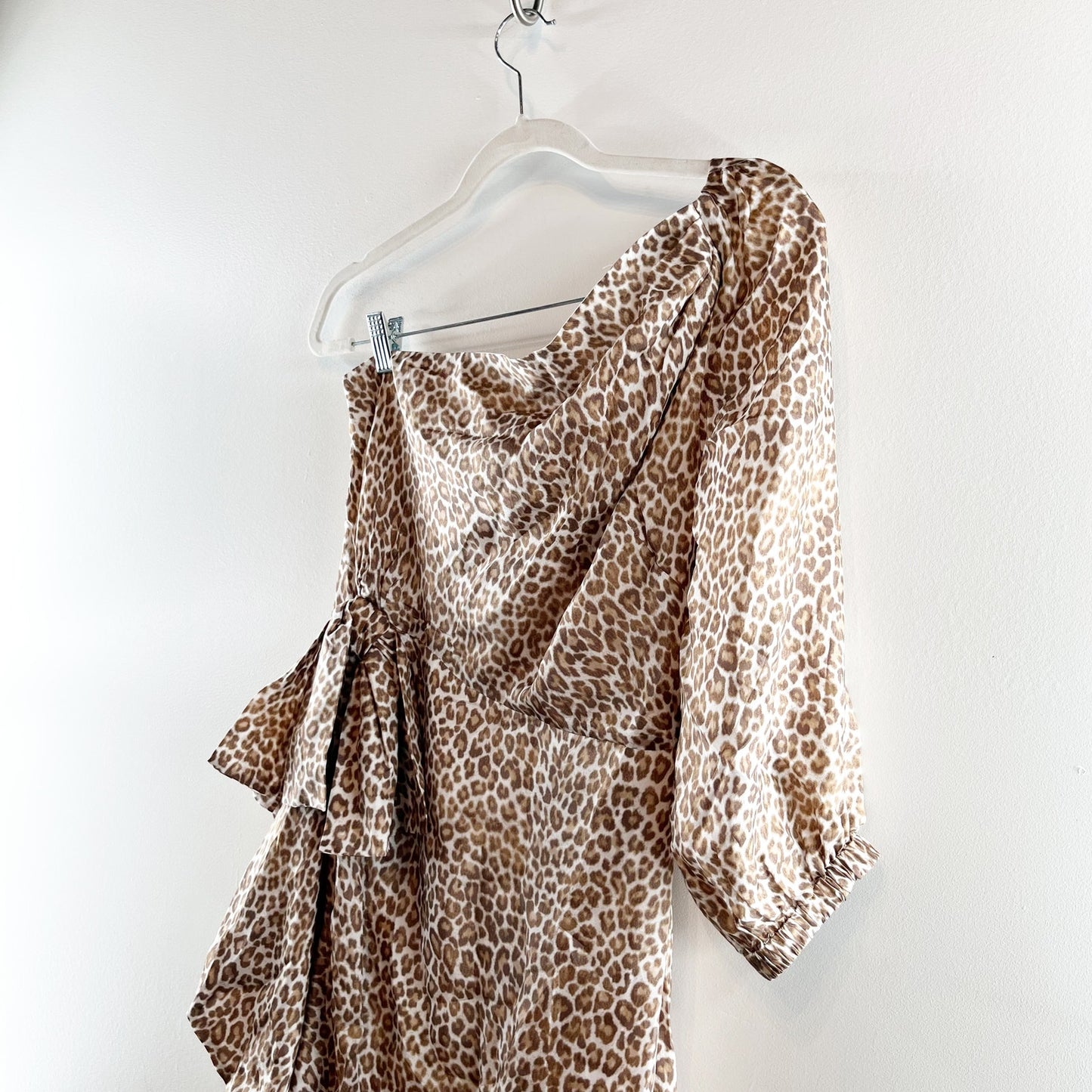 J. Crew Leopard Print Satin One-Shoulder Ruffle Hem High Low Midi Dress Brown 8