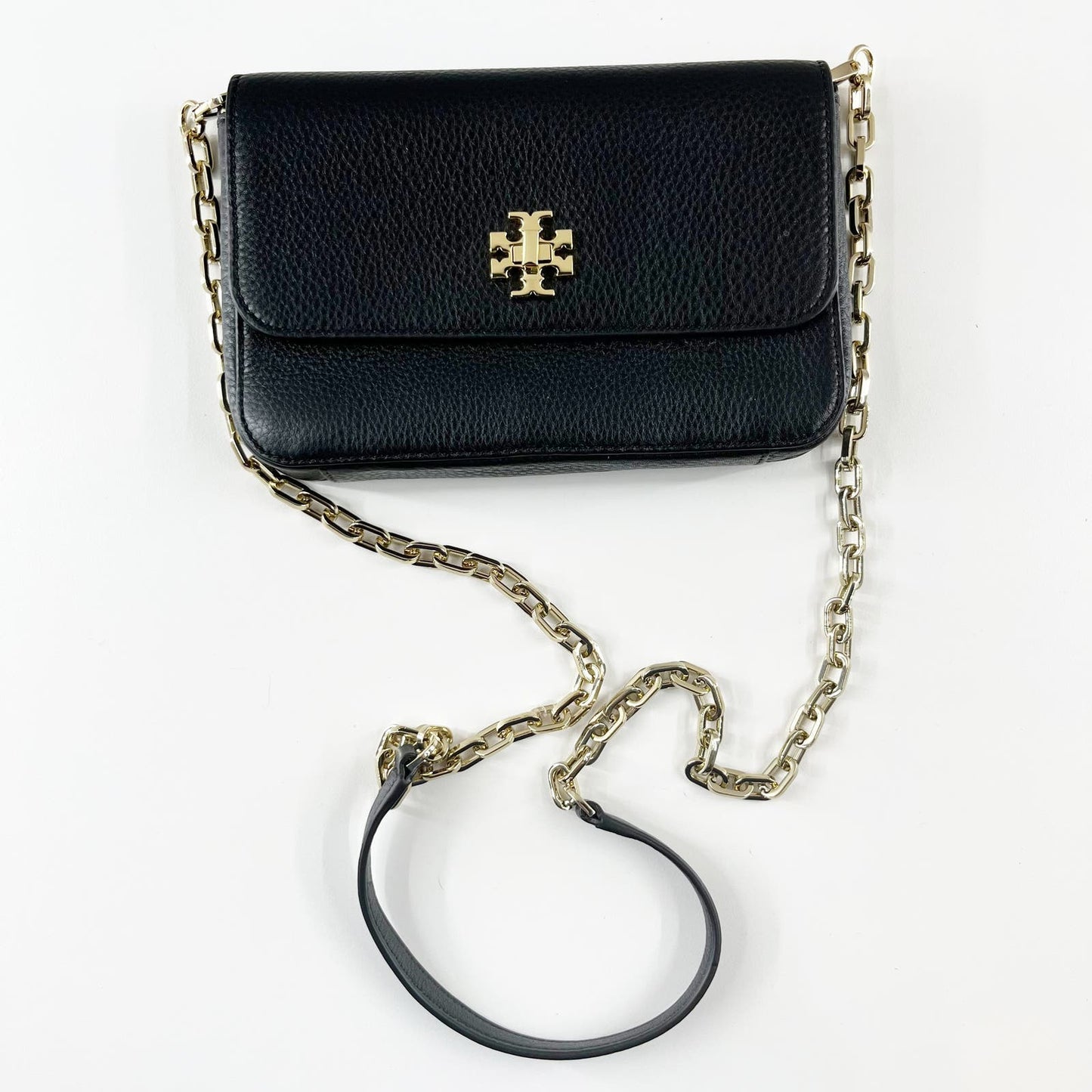Tory Burch Mercer Pebbled Leather Chain Crossbody Wallet Black Gold