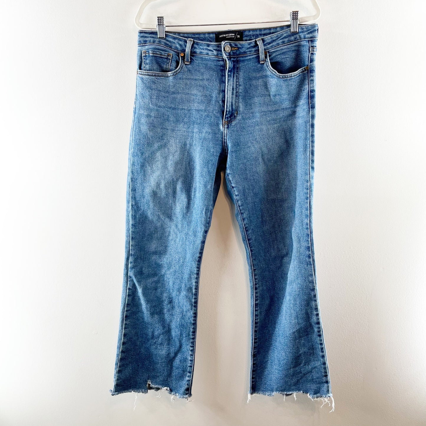 Just Black Denim High Rise Kick Cropped Frayed Hem Flare Jeans Blue 31 / 12