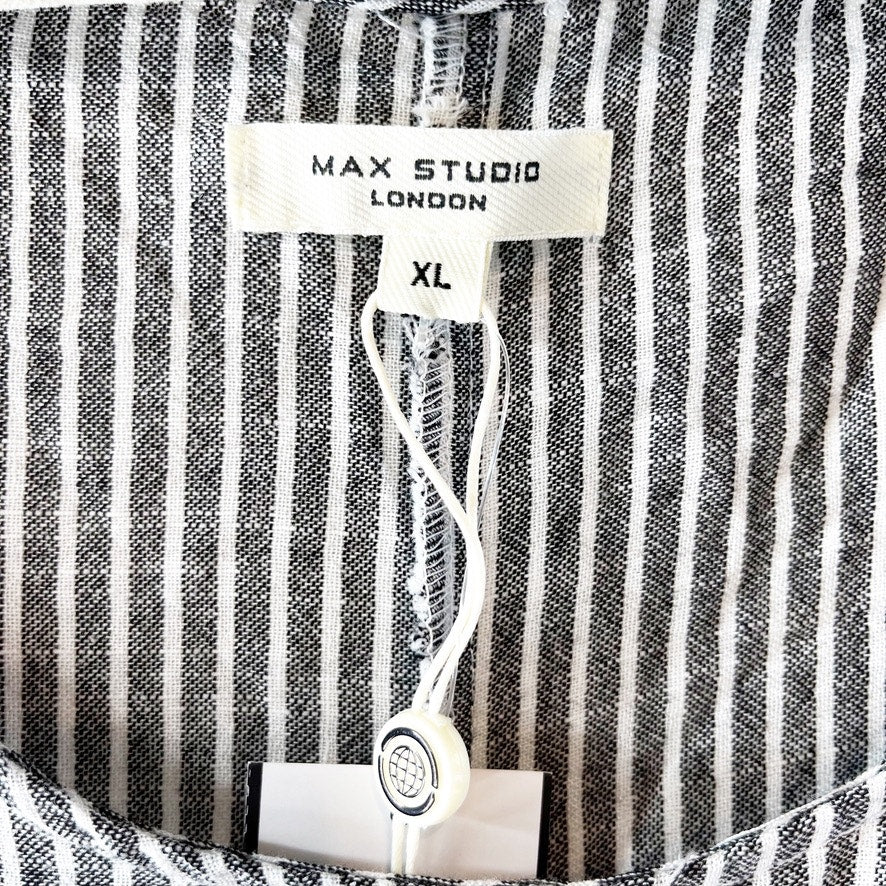 Max Studio Linen Blend Wide Leg Striped Scoopneck Jumpsuit Blue White XL