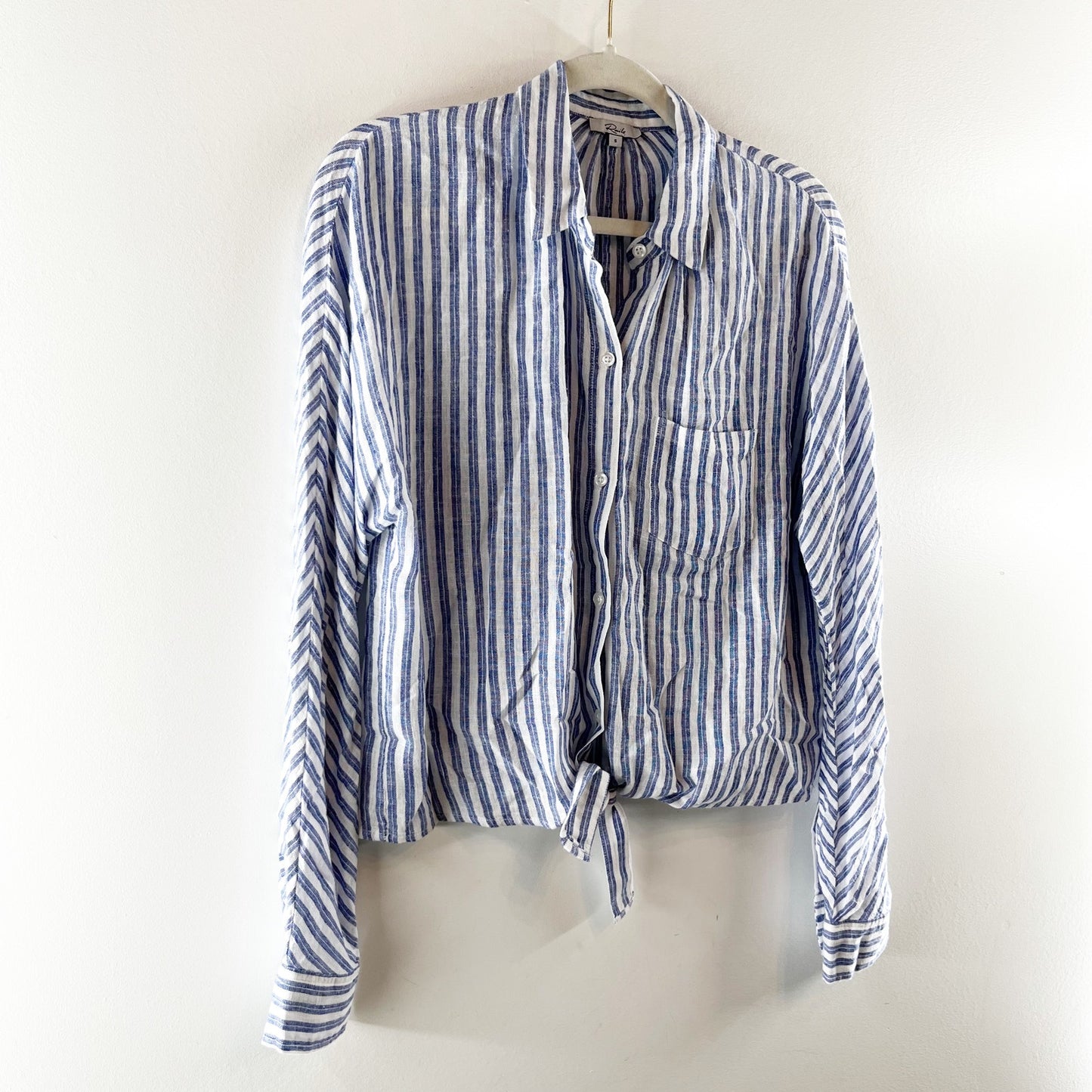 Rails Rylan Button Up Striped Linen Blend Tie Front Shirt Atlas Stripe Blue S