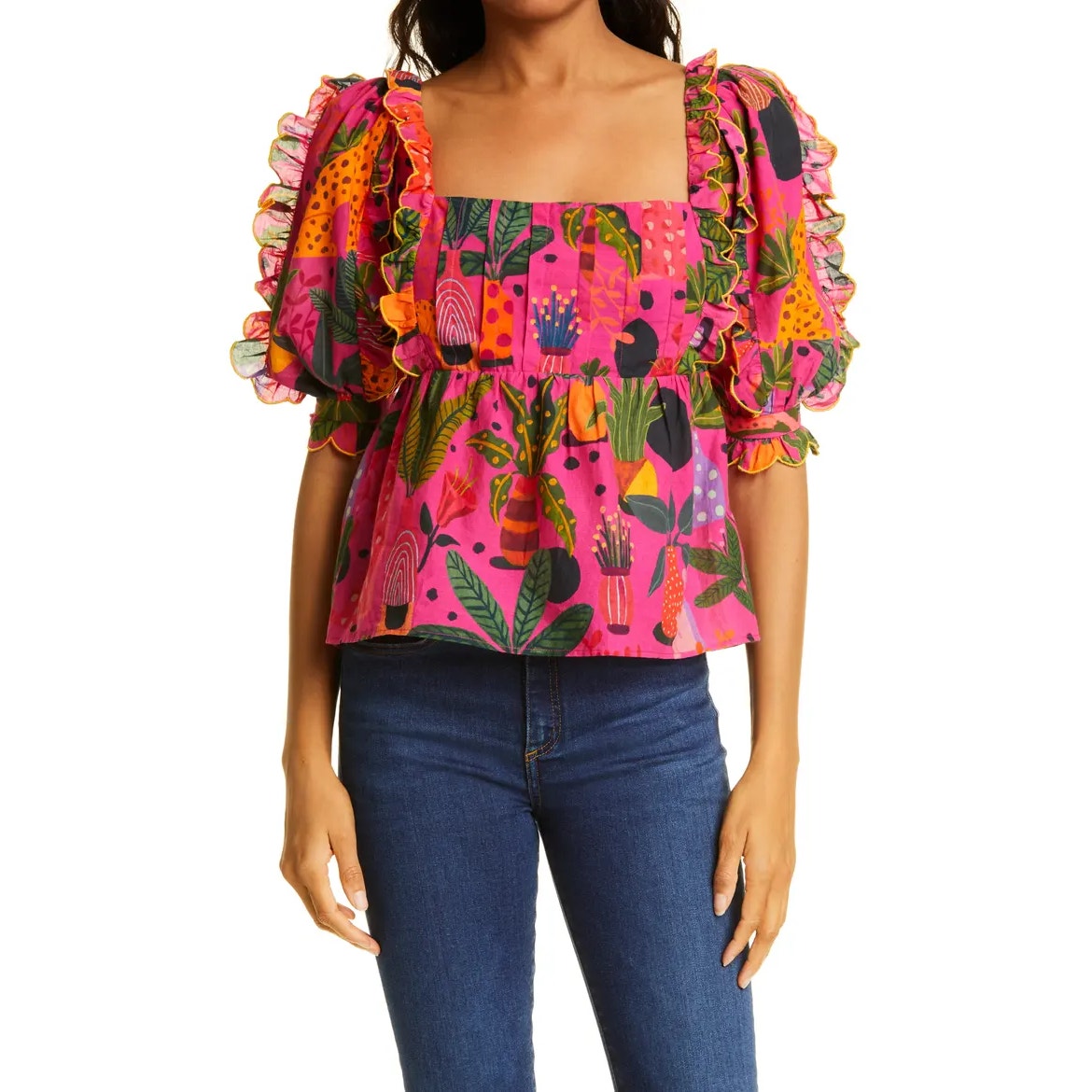 FARM Rio Pop Leopards Floral Puff Sleeve Ruffled Cotton Blouse Pink Large