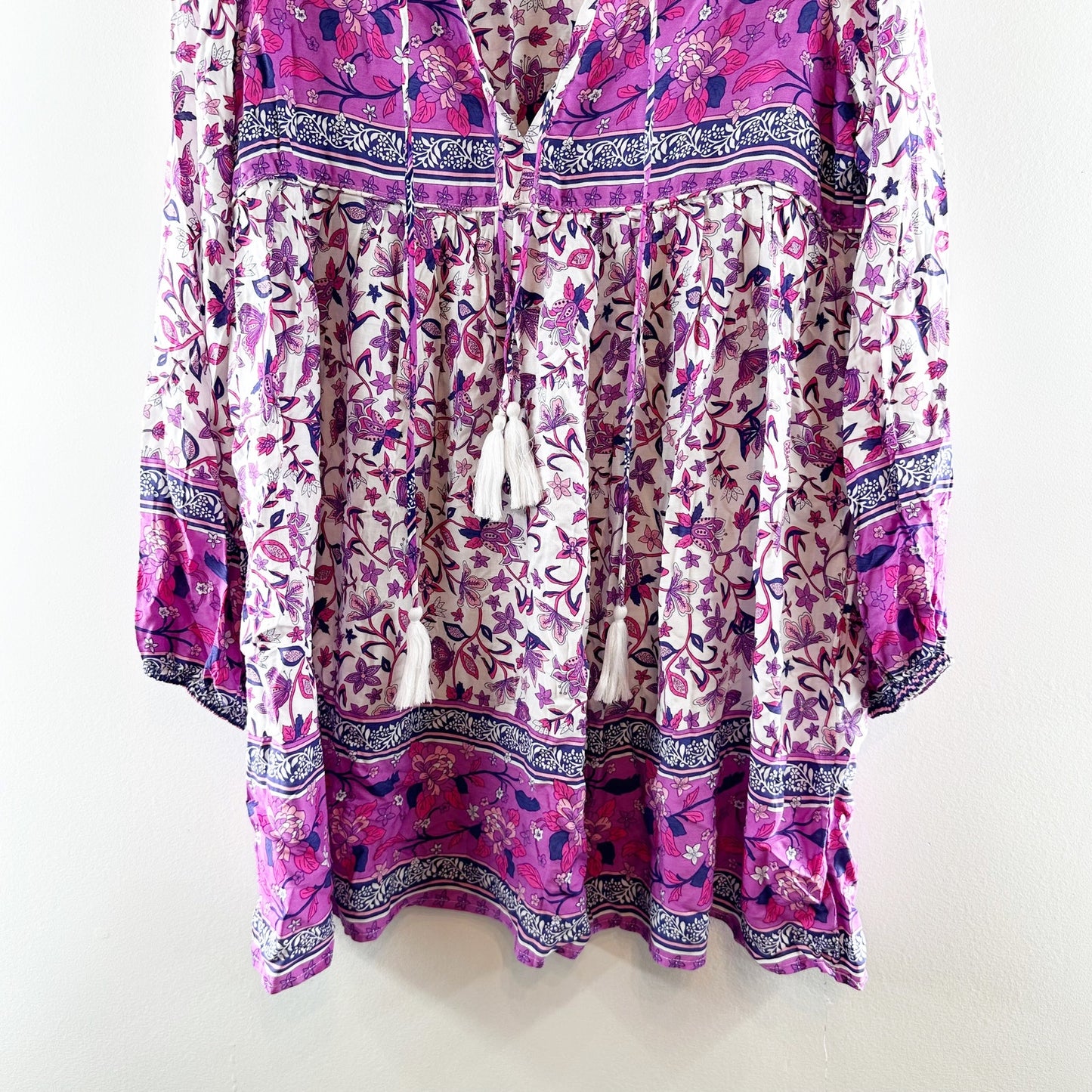 R. Vivimos Cotton Floral Print Long Sleeve Tassel Tie Mini Dress Purple Large