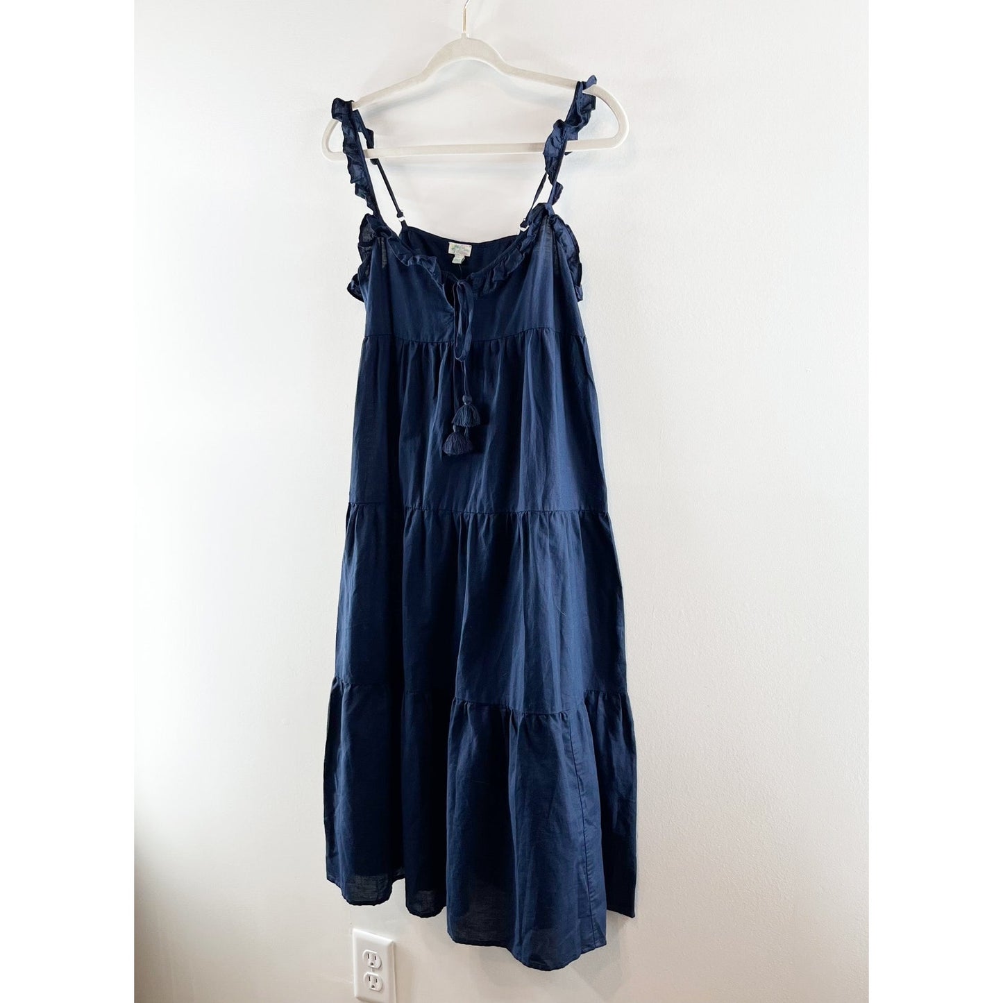 J. Crew Tiered Ruffle Strap Midi Beach Dress in Crinkle Cotton Navy Blue XS