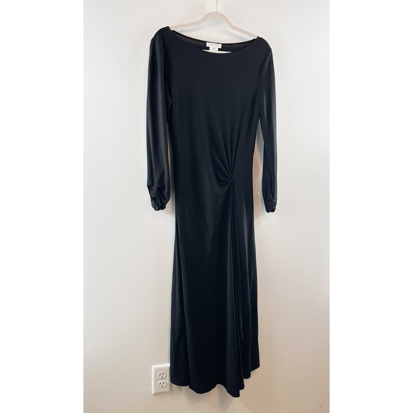 Celine Long Sleeve Rouched Waist Slit Maxi Gown Dress Black FR 42 / US 12