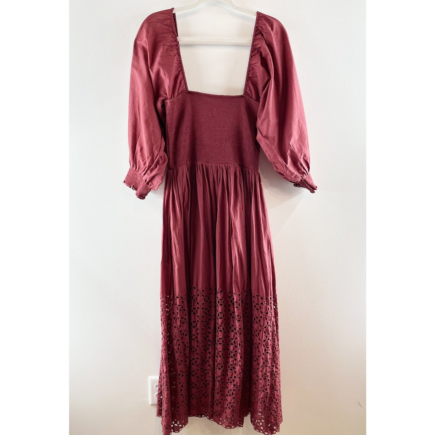 Free People Perfect Storm Long Sleeve Smocked Eyelet Midi Dress Maroon Medium