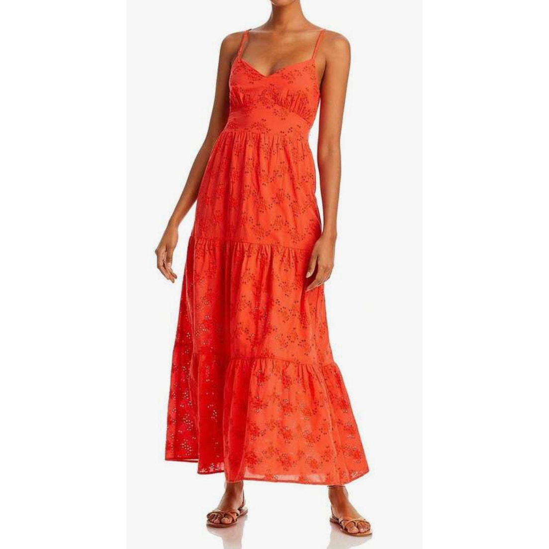AQUA Eyelet Tiered Maxi Sundress Dress Orange Medium