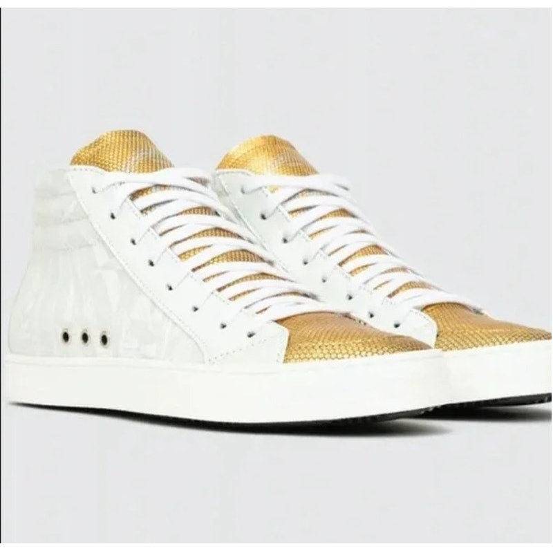 P448 Palm Print Leather High Top Active Lace Up Skate Sneaker White Dusty 37